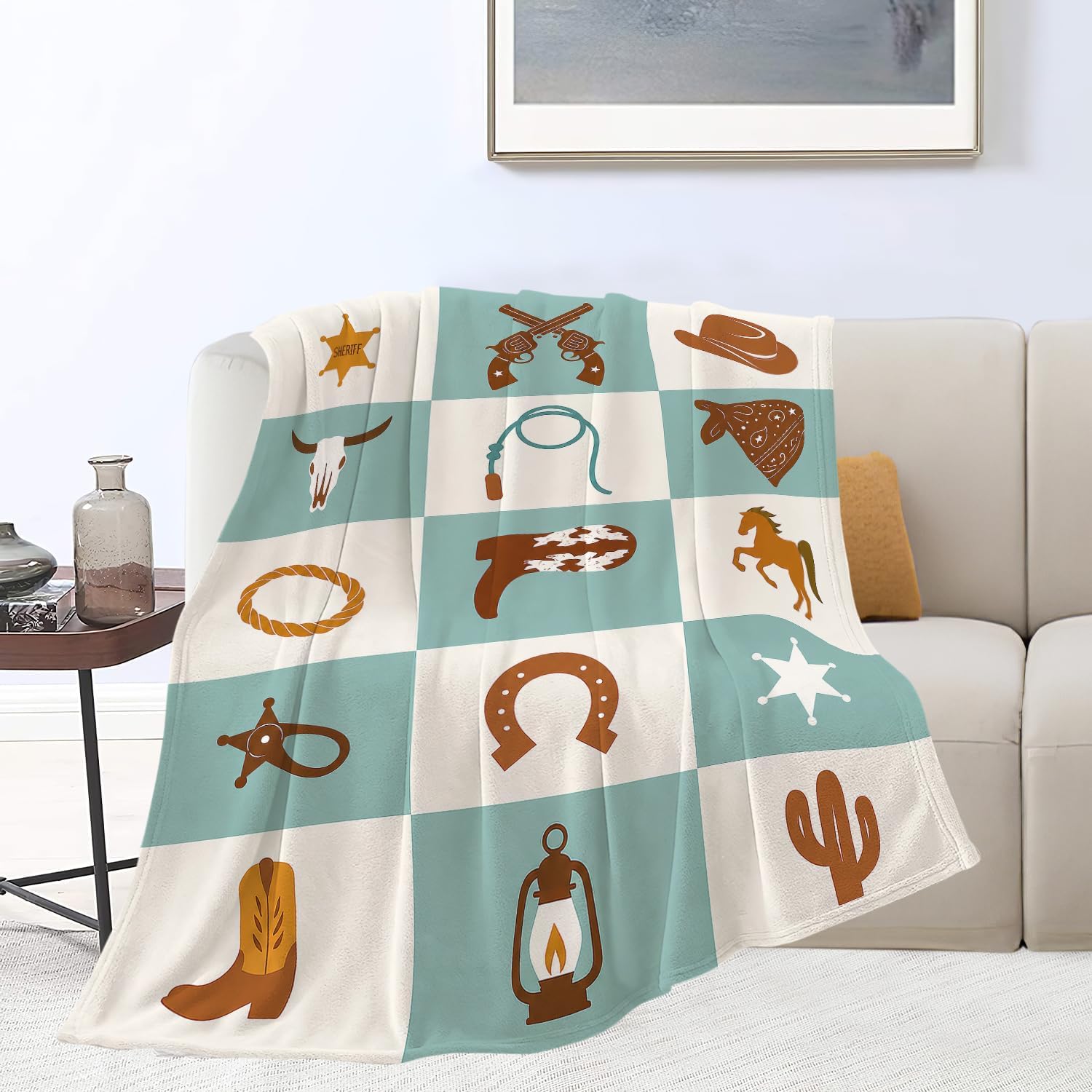Barleyfield Western Cowboy Blanket Super Soft Warm Fluffy Fleece Flannel Blue Throw Blanket Cozy Fuzzy Plush Stuff Bedding Blankets Gifts for Women