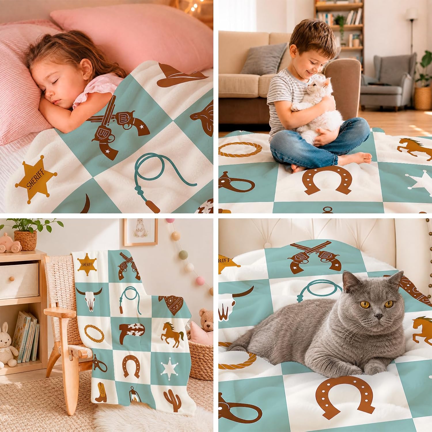 Barleyfield Western Cowboy Blanket Super Soft Warm Fluffy Fleece Flannel Blue Throw Blanket Cozy Fuzzy Plush Stuff Bedding Blankets Gifts for Women