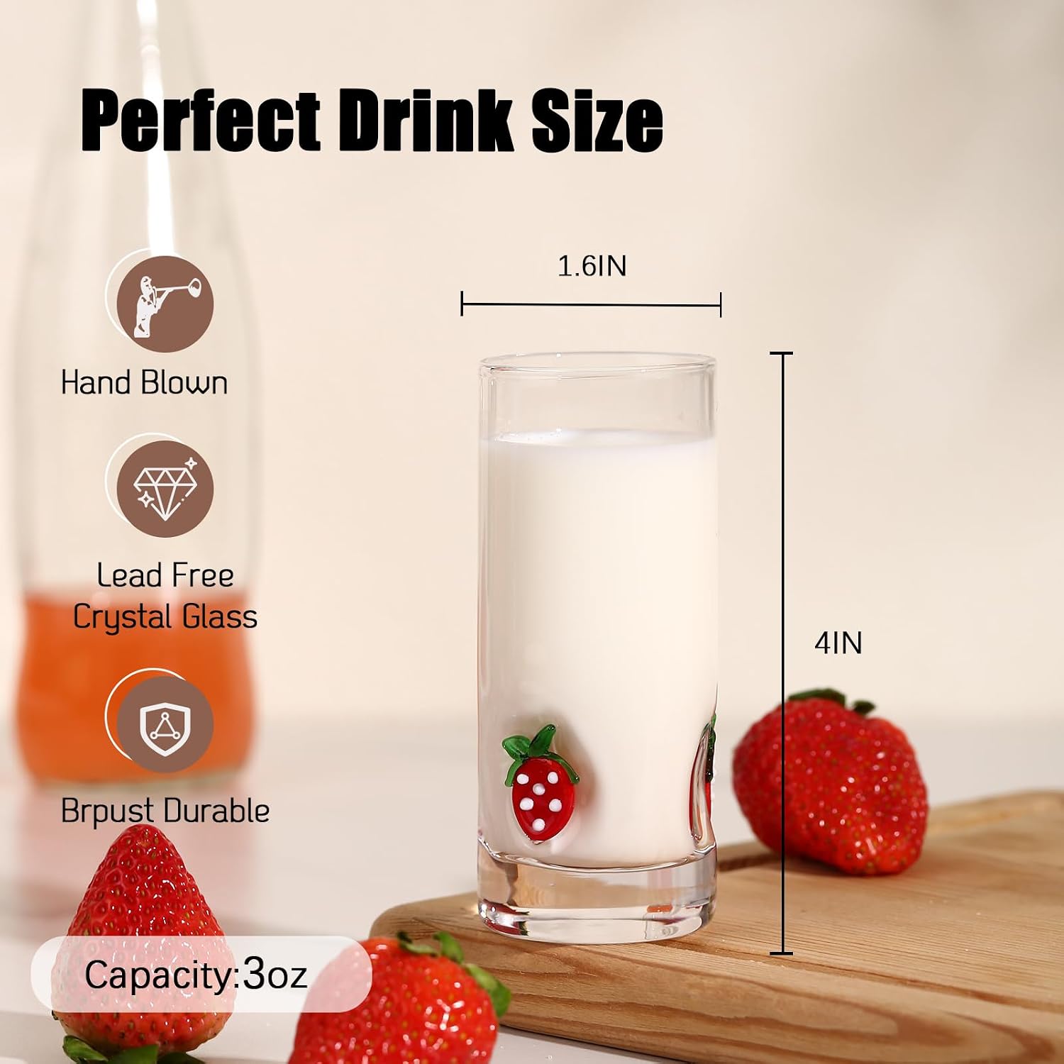 Aldernest 4 Pcs Strawberry Icon Shot Glasses - 3oz Cute Shot Glasses with Heavy Base for Whiskey, Tequila, Vodka, Spirits & Liquors
