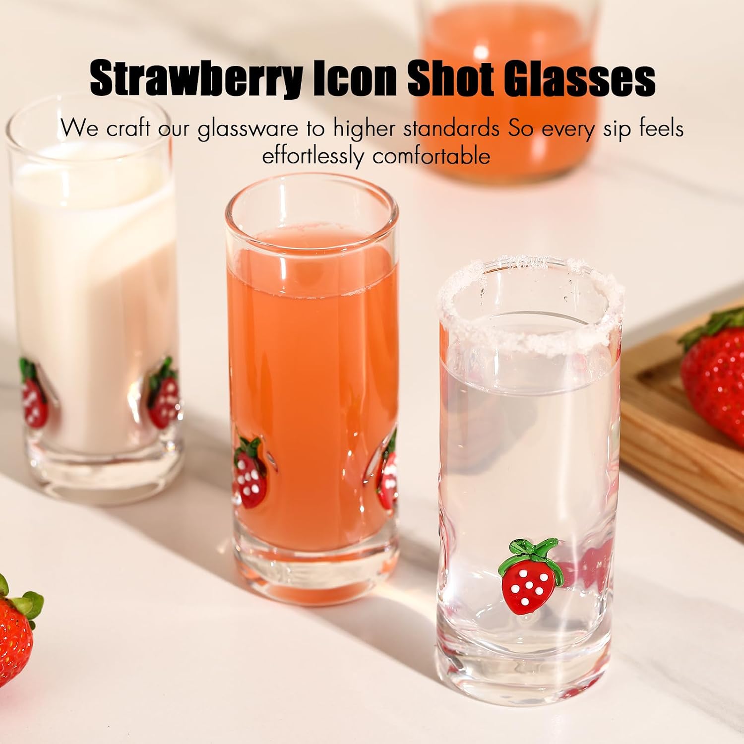 Aldernest 4 Pcs Strawberry Icon Shot Glasses - 3oz Cute Shot Glasses with Heavy Base for Whiskey, Tequila, Vodka, Spirits & Liquors