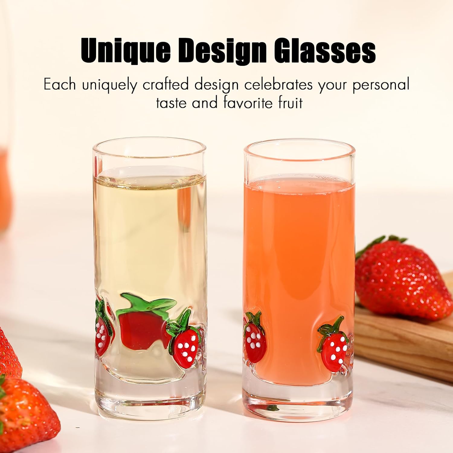 Aldernest 4 Pcs Strawberry Icon Shot Glasses - 3oz Cute Shot Glasses with Heavy Base for Whiskey, Tequila, Vodka, Spirits & Liquors