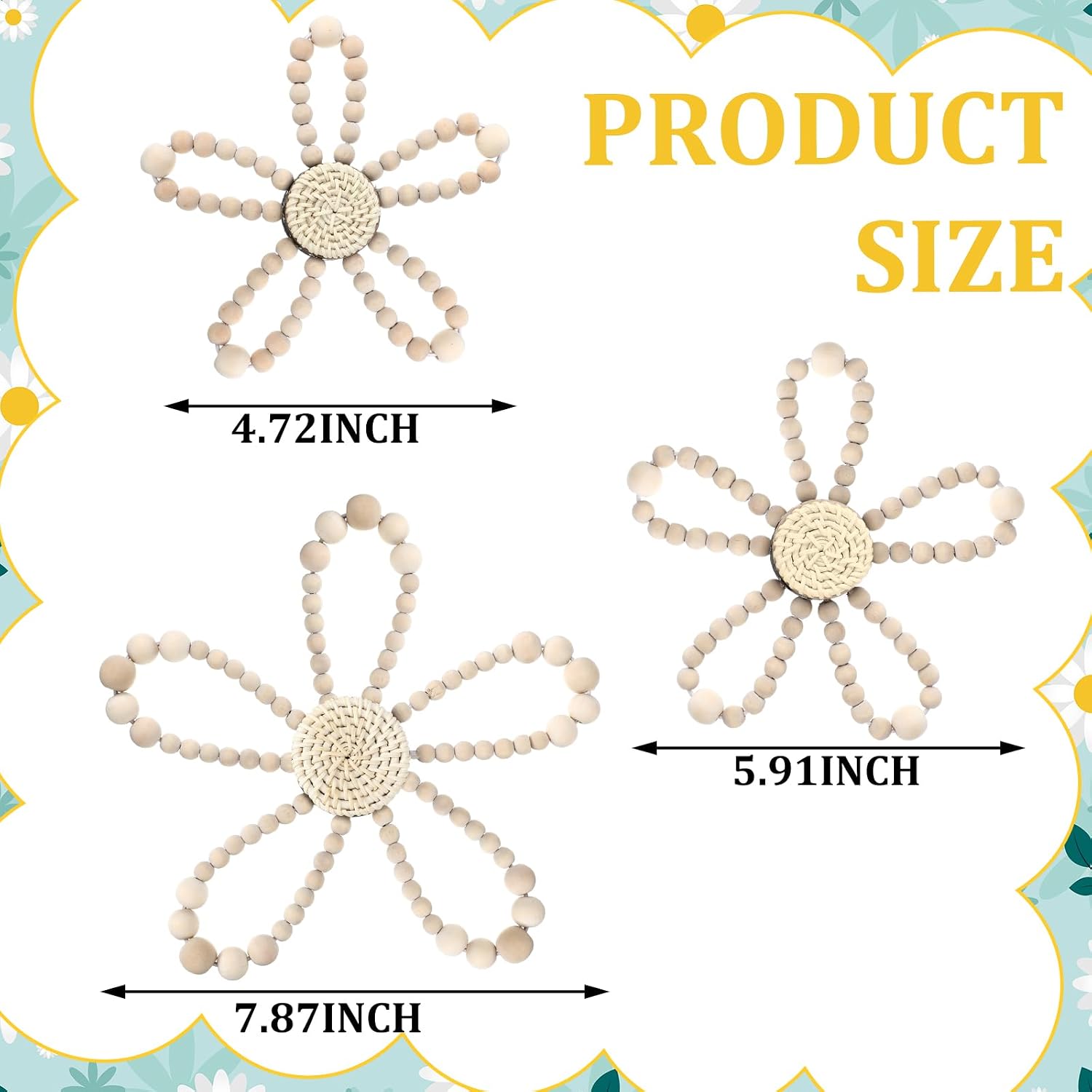 NestoraHome 3 Pcs Boho Daisy Flower Wall Decor, 4.72'', 5.91'', 7.87'', 6.72 ounces, beige
