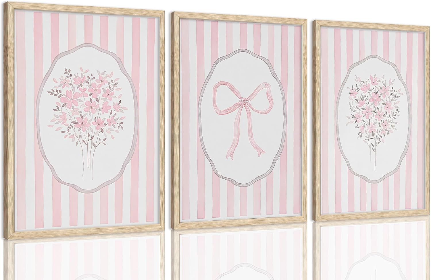 Aldernest 3 Piece Pink Floral Framed Wall Art Pink Bow Flower Picture Wall Decor, 1.6 ounces, 12x16 Framed