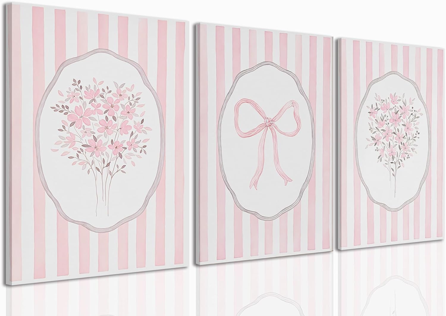 Aldernest 3 Piece Pink Floral Canvas Wall Art Pink Bow Flower Picture Wall Decor, 1.6 ounces, 12x16 Canvas
