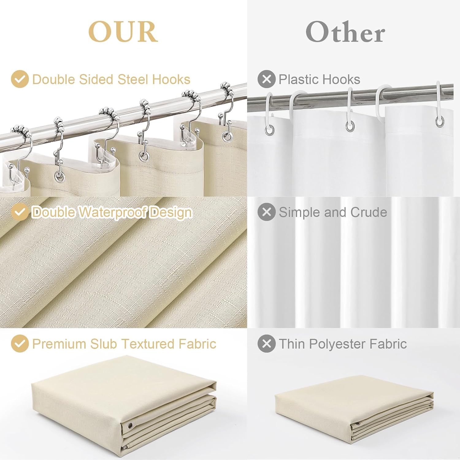 Aldernest 2 in 1 Linen Slub Shower Curtain Liner Set -72x72, 14.4 ounces