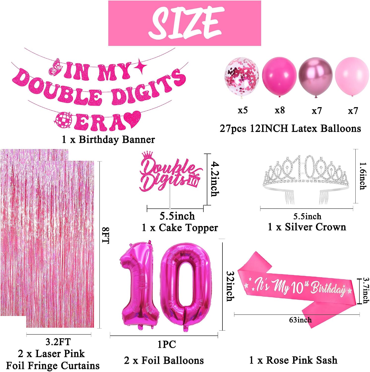 Aldernest Rose Hot Pink 10th Birthday Decorations for Girls, Rose Pink, 220