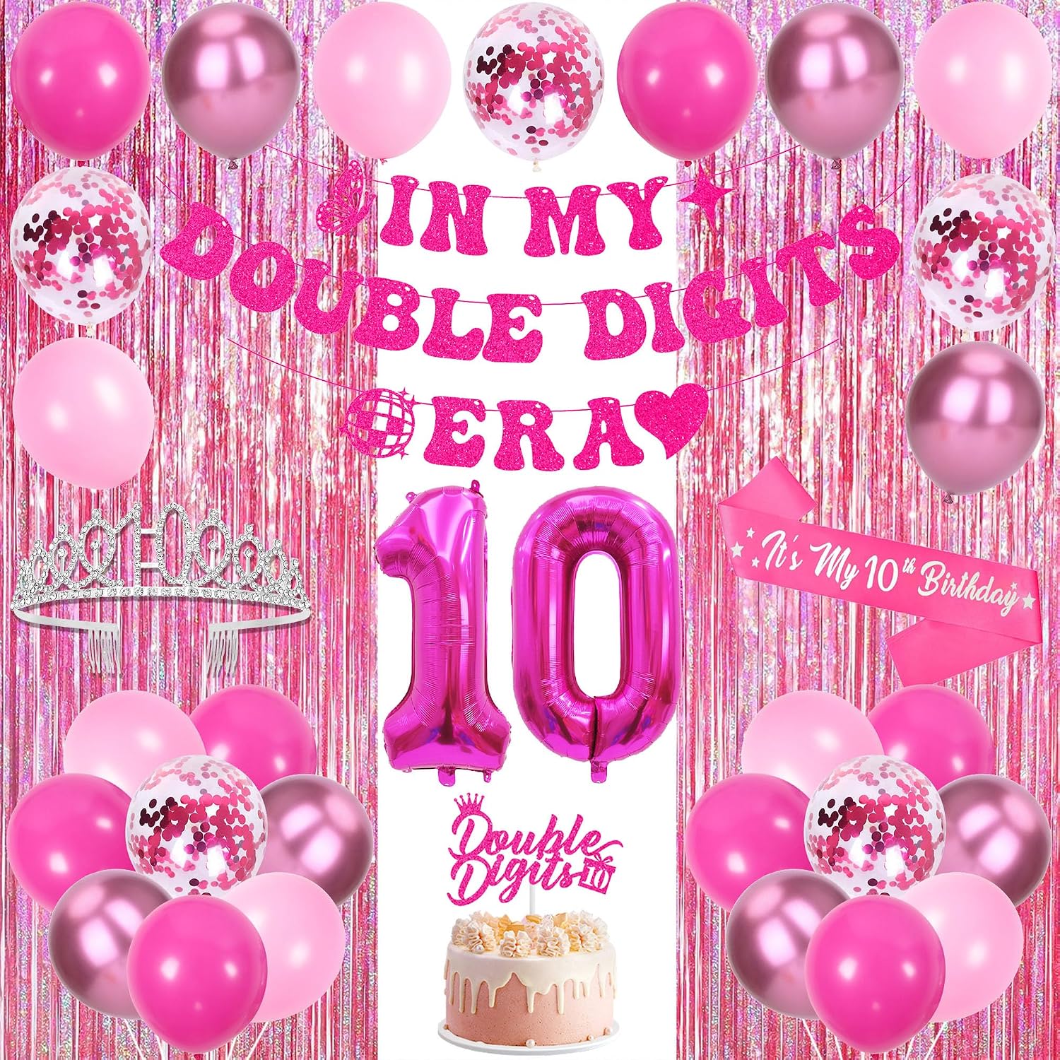 Aldernest Rose Hot Pink 10th Birthday Decorations for Girls, Rose Pink, 220
