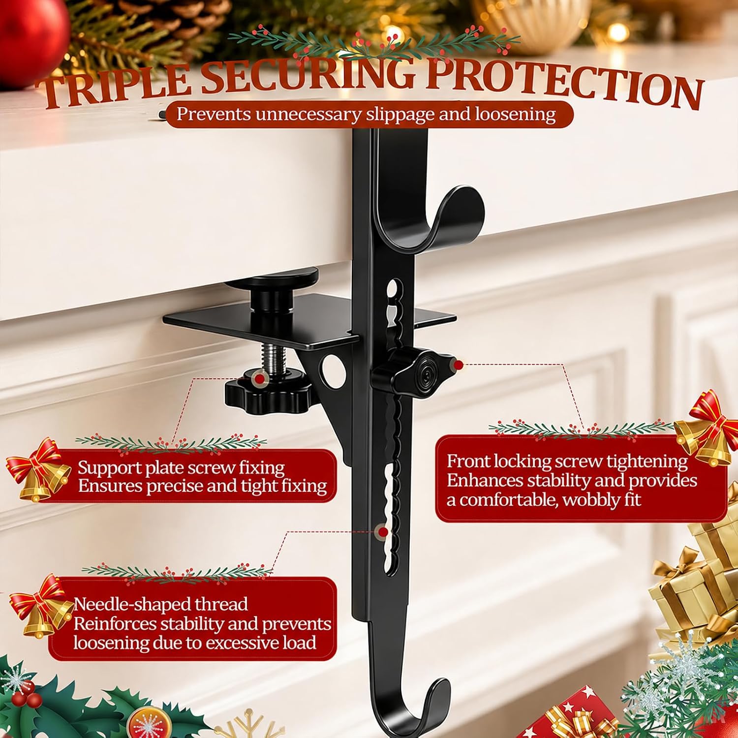 Ashenby 6Pcs Christmas Fireplace Stocking and Garland Hanger Fits 0.87-4.1" Mantle, 1.37 kg, Upgrade Black