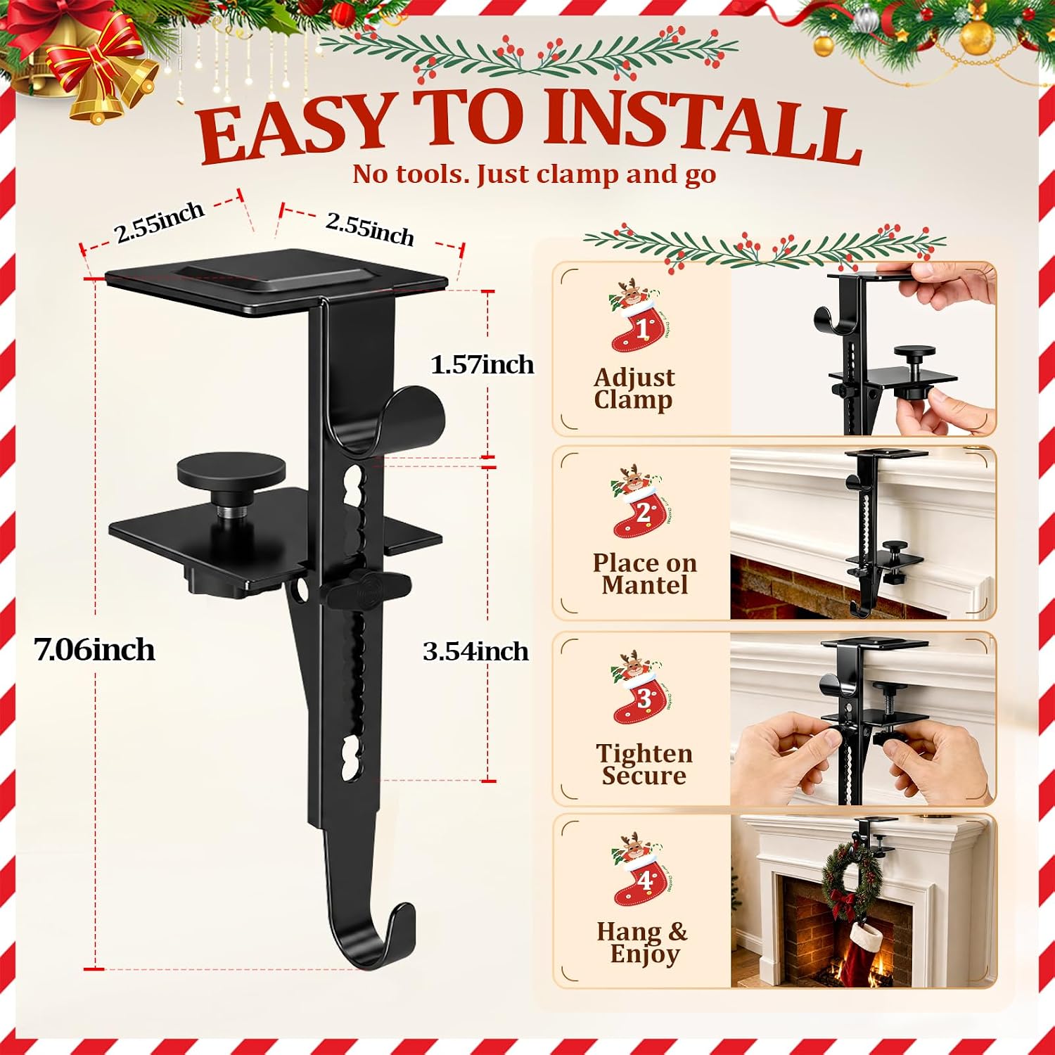 Ashenby 6Pcs Christmas Fireplace Stocking and Garland Hanger Fits 0.87-4.1" Mantle, 1.37 kg, Upgrade Black