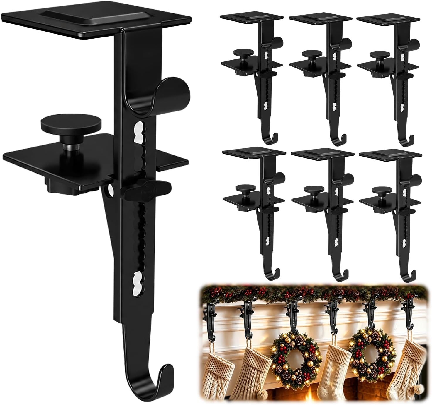 Ashenby 6Pcs Christmas Fireplace Stocking and Garland Hanger Fits 0.87-4.1" Mantle, 1.37 kg, Upgrade Black