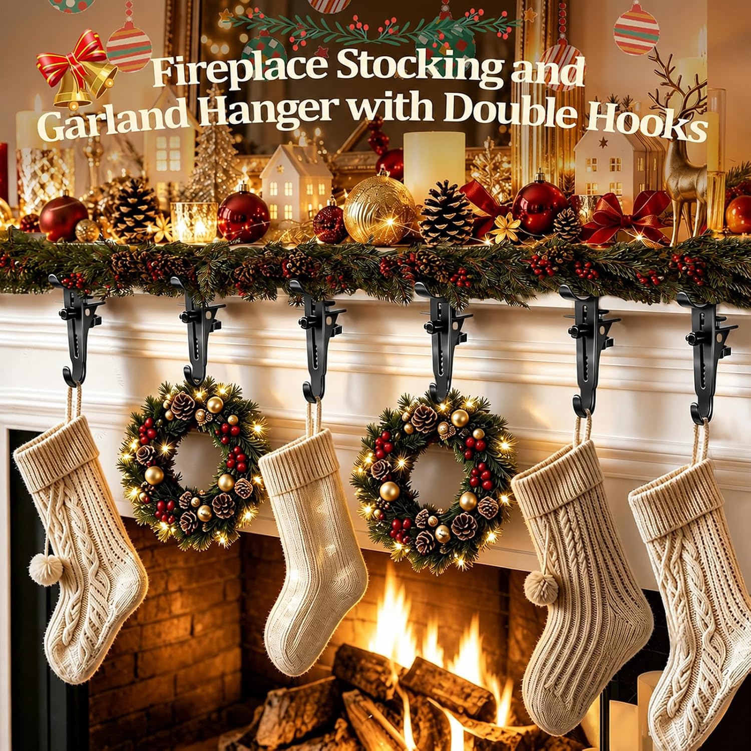Ashenby 6Pcs Christmas Fireplace Stocking and Garland Hanger Fits 0.87-4.1" Mantle, 1.37 kg, Upgrade Black