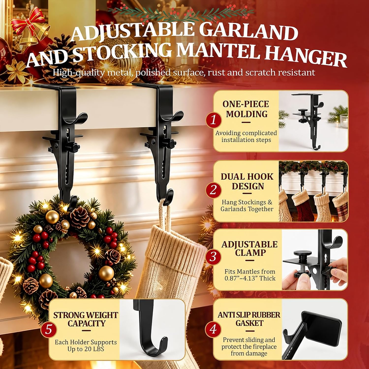 Ashenby 6Pcs Christmas Fireplace Stocking and Garland Hanger Fits 0.87-4.1" Mantle, 1.37 kg, Upgrade Black