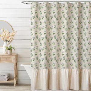 Aldernest Linen Textured Ruffle Shower Curtain 72x72 Inches- Vintage Floral Block Print in Beige and Green