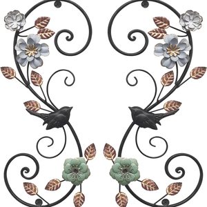 Oakmere 3D Metal Flower Wall Art: 2pcs Vintage Floral Wall Décor with Leaves Bird for Room, 15.16", 15.16x7.09x0.59inch, black and gold