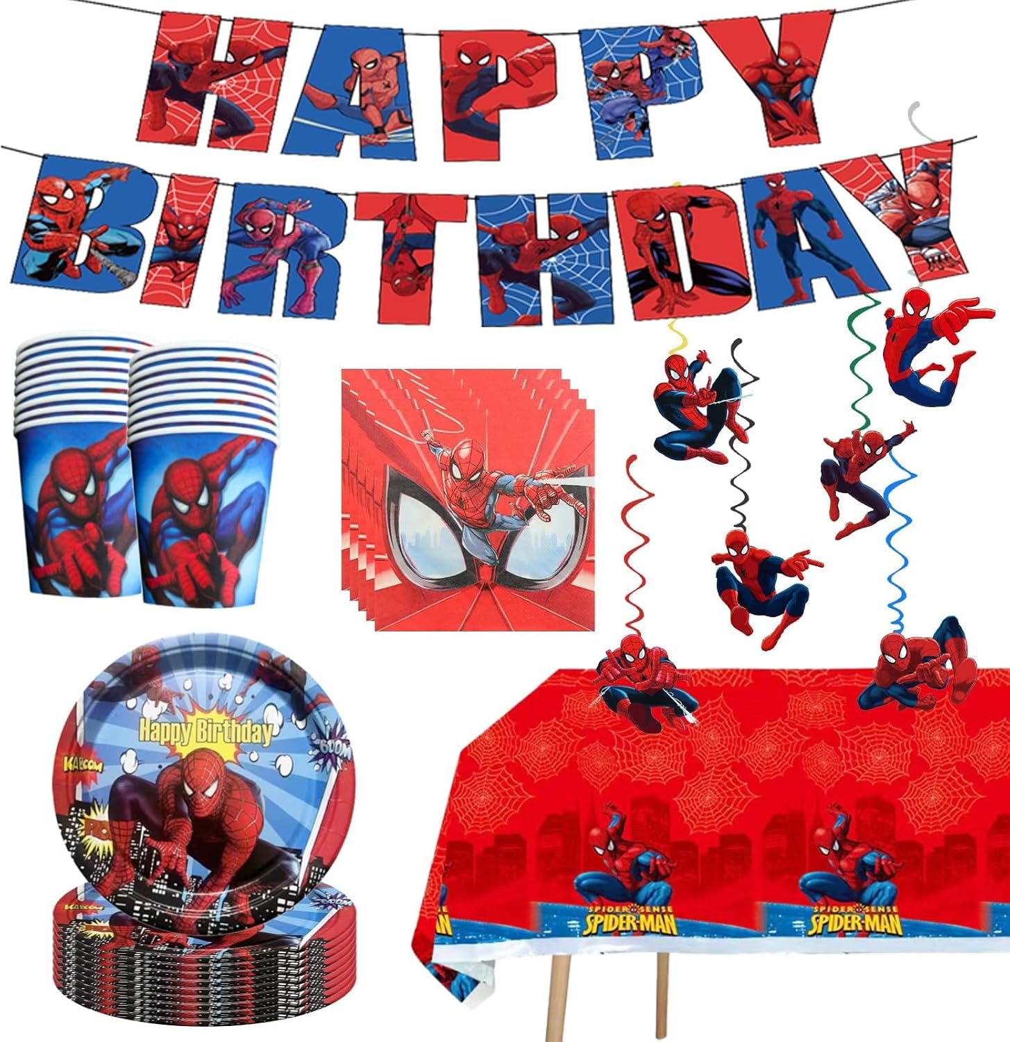 Rowanmere 68PCS Spidey Birthday Decorations: 20 Plates, 20 Napkins, 20 Cups, Red, Blue