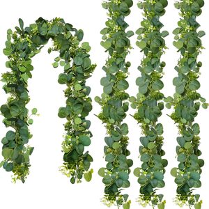 Birchmont 4 Packs 5.74 Ft Artificial Eucalyptus Garland Leaves with Flowers Artificial Fake Greenery Hanging Vines for Wedding Table Home Stairs Decor