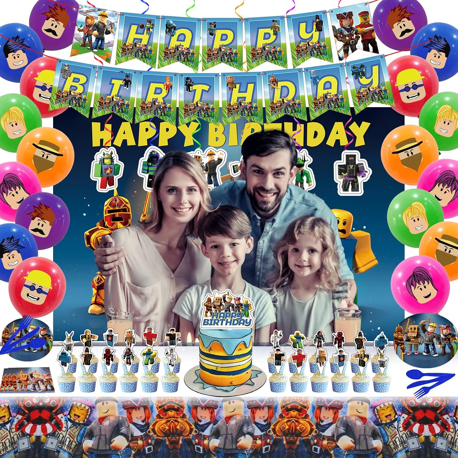 Aldernest Birthday Party Decorations - Theme Children's Party Supplies Included Happy Birthday Banner, Backdrop, Hanging Swirls, Tablecloth