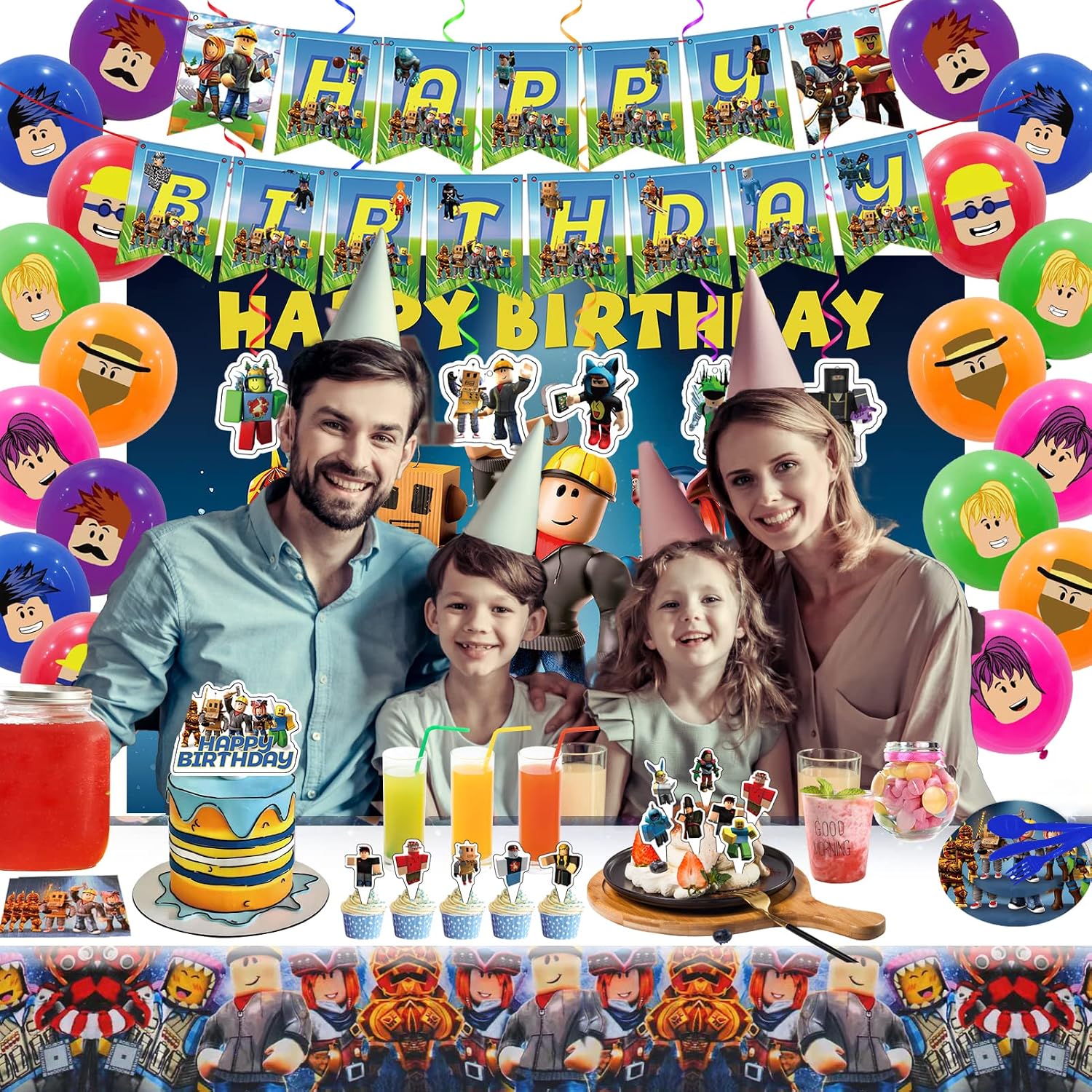 Aldernest Birthday Party Decorations - Theme Children's Party Supplies Included Happy Birthday Banner, Backdrop, Hanging Swirls, Tablecloth