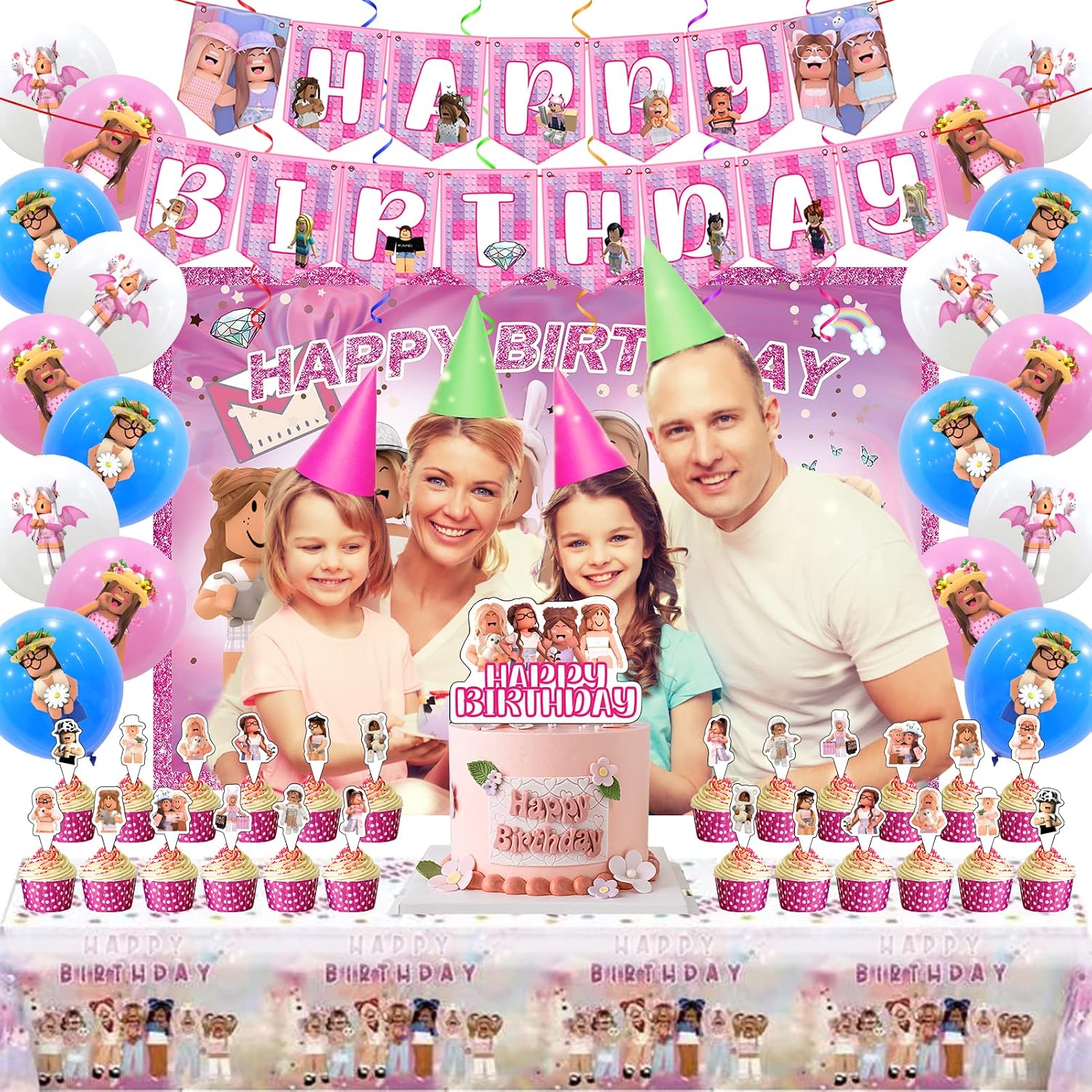 Aldernest Birthday Party Supplies - Theme Children's Party Decorations Included 18-Balloons, 1-Backdrop, 1-Banner, 6-Hanging Swirls, 1-Tablecloth