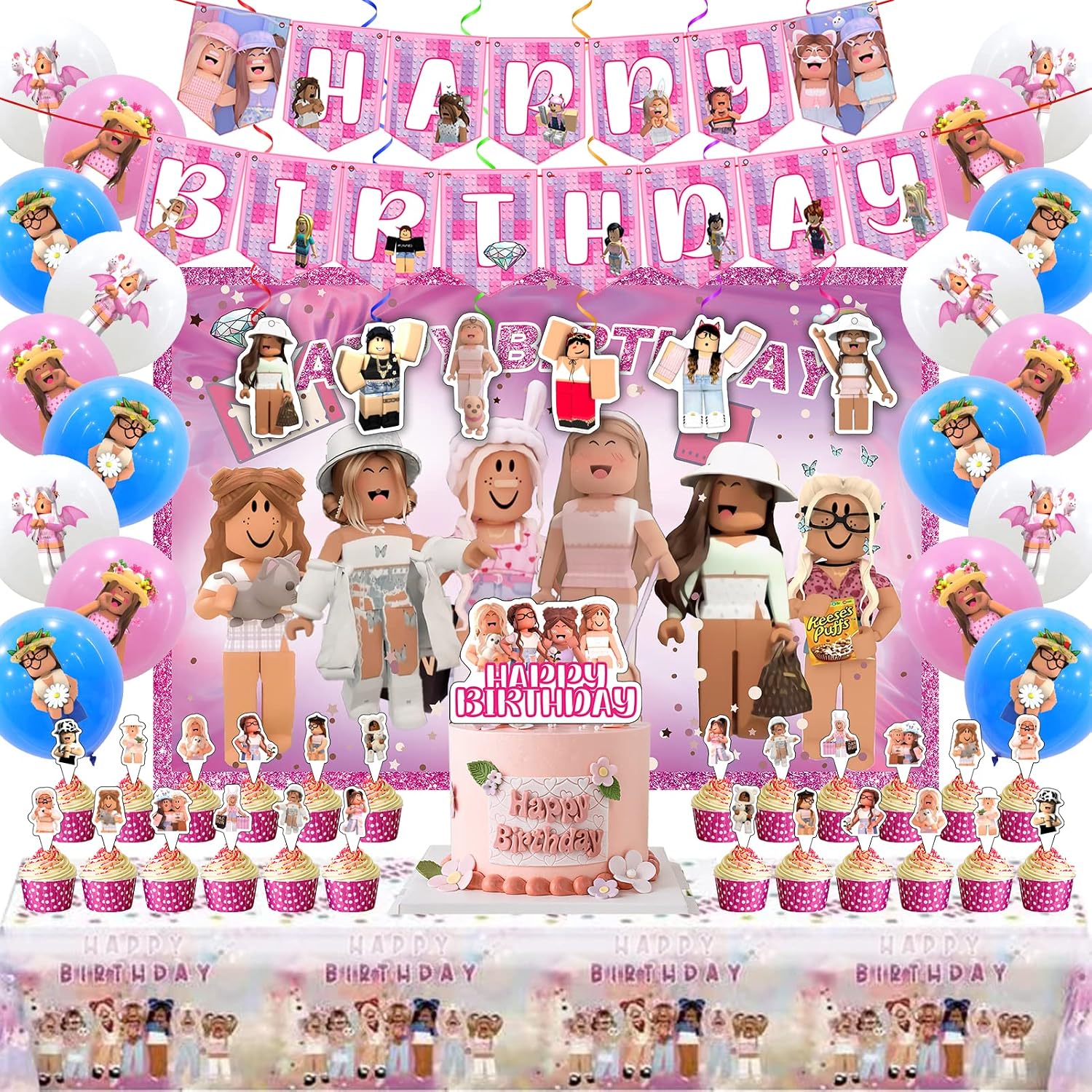 Aldernest Birthday Party Supplies - Theme Children's Party Decorations Included 18-Balloons, 1-Backdrop, 1-Banner, 6-Hanging Swirls, 1-Tablecloth
