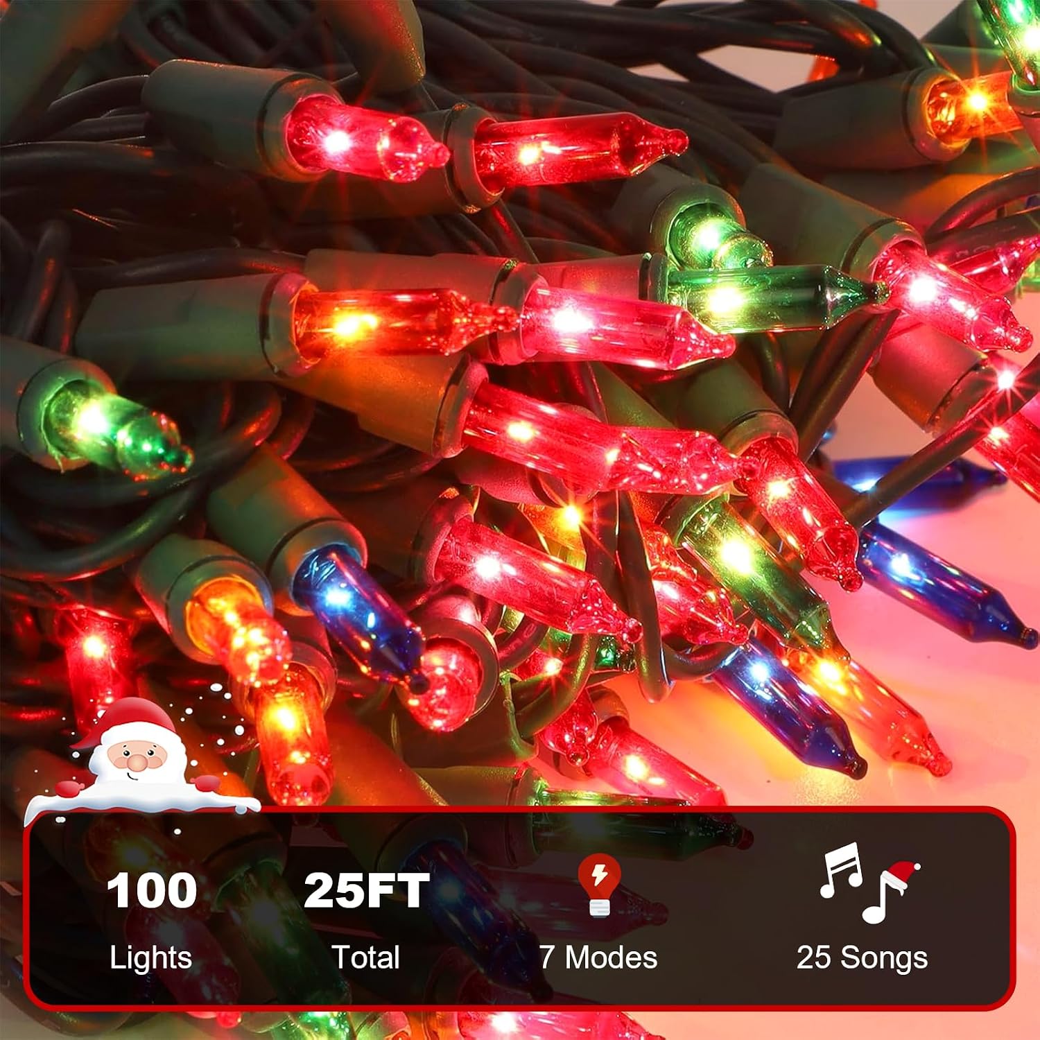 Lintonhome Musical Christmas Lights, 100 Lights 23.7ft Plays 25 Classical Holiday Songs, Music Multi-colored-green wire