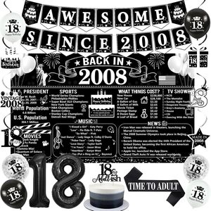 Aldernest Vintage Black White Back in 2008 18th Birthday Decorations for Boys Girls, Black and White