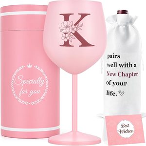 Aldernest Personalized Gifts for Women, K Initial Gift Stainless Steel Custom Wine Glasses with Wine Bag and Card, 0.37 kg, 18 Ounces, Pink-K