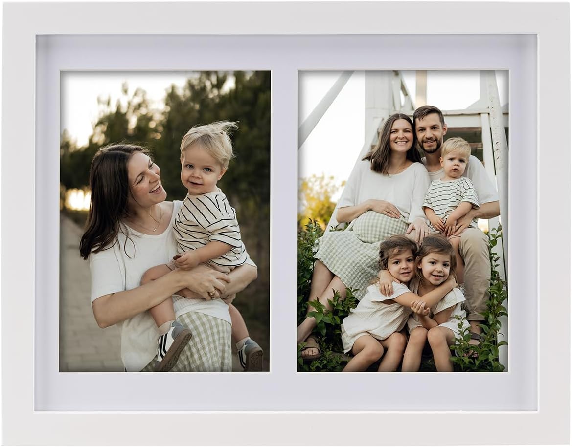 Ashenby 8x10 Collage Picture Frame, Pine Wood, Double 4x6 Photos with Mat., 1.1 pounds, Bright White