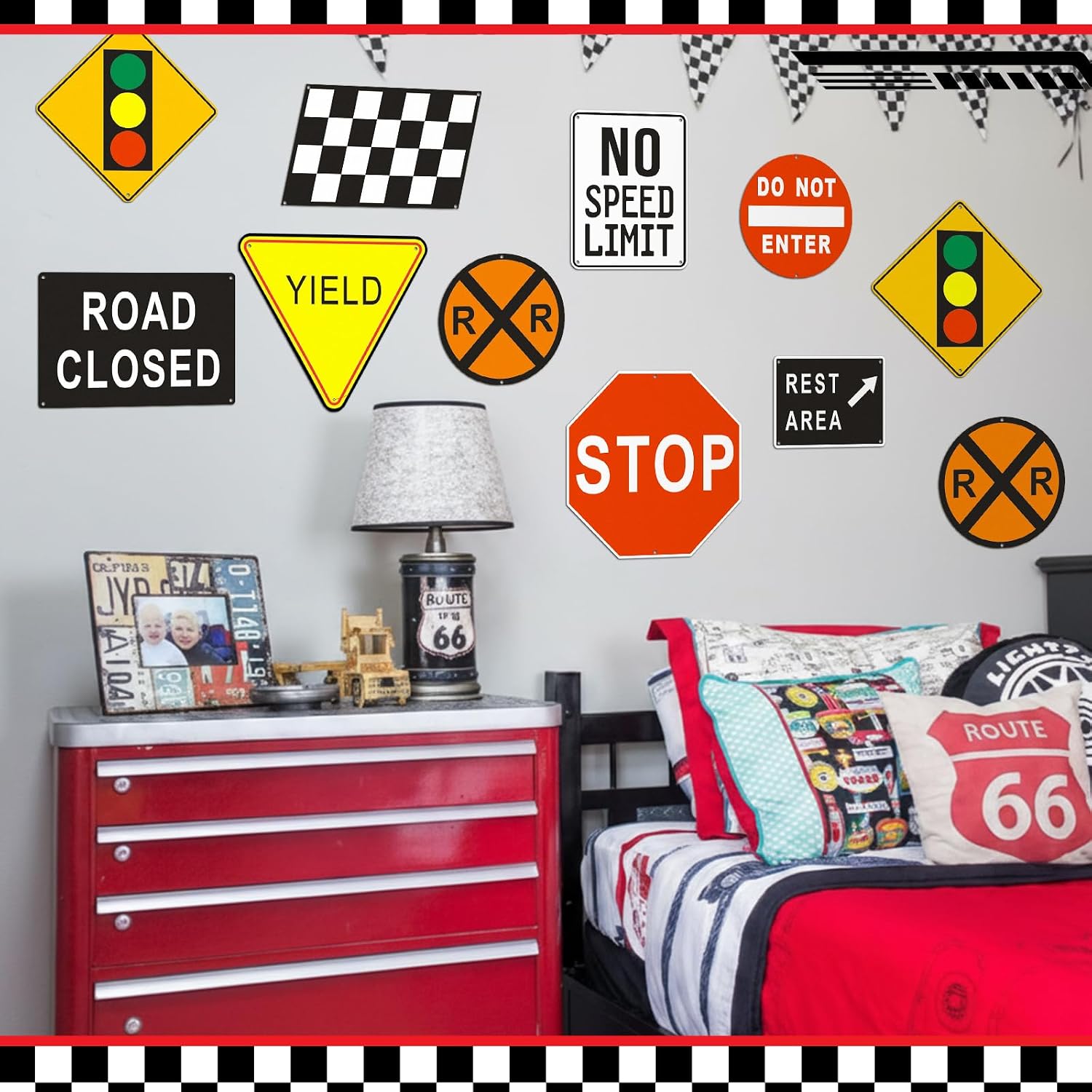 Aldernest 9 Pcs Race Car Room Wall Decor Vintage Road Bedroom Decor, 1.7 pounds