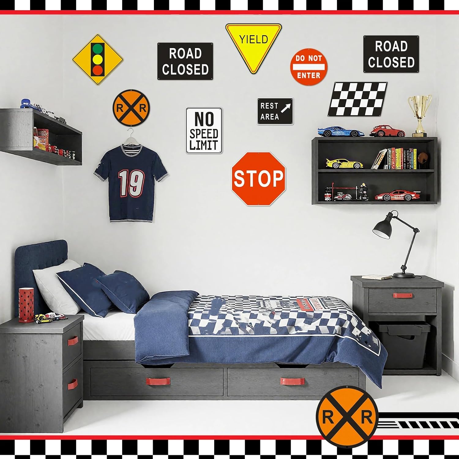 Aldernest 9 Pcs Race Car Room Wall Decor Vintage Road Bedroom Decor, 1.7 pounds
