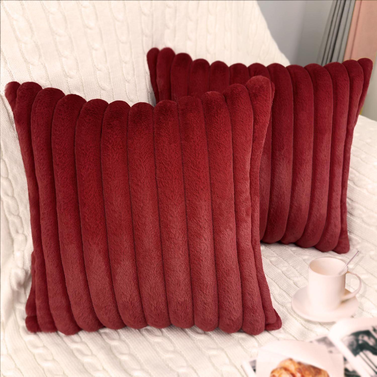 Aldernest 2 Pack 24x24 Pillow Cover Velvet Pillow Covers, Burgundy Red