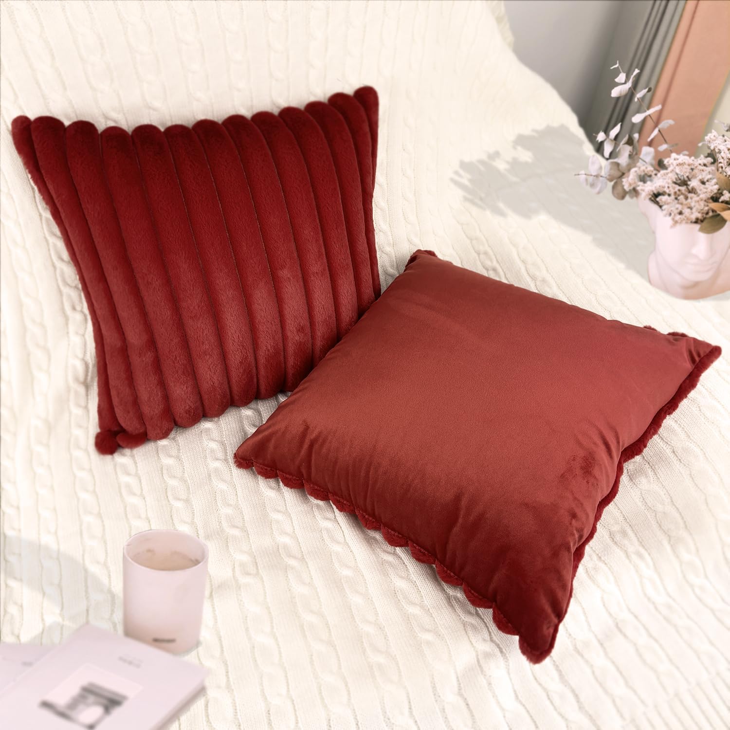 Aldernest 2 Pack 24x24 Pillow Cover Velvet Pillow Covers, Burgundy Red