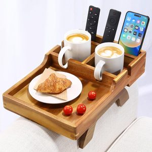 Copperlyn Acacia Wood Couch Armrest Table with 2 Cup Holders & Remote Slot 15.4"x9.8", 2.2 pounds