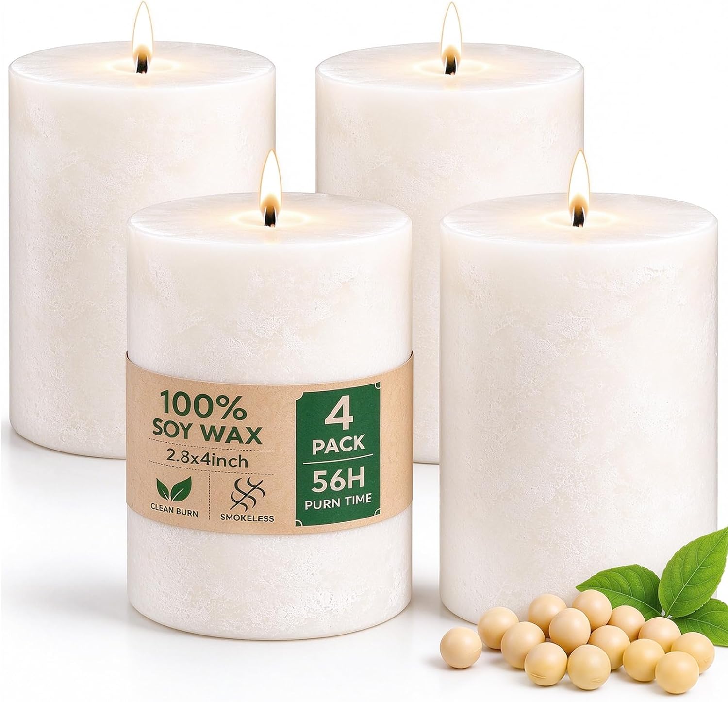 Rowanmere Soy Wax White Pillar Candles, Non-Toxic, 2.8x4 Inch, 4 Pack | 55 H Long Burn, 3 pounds