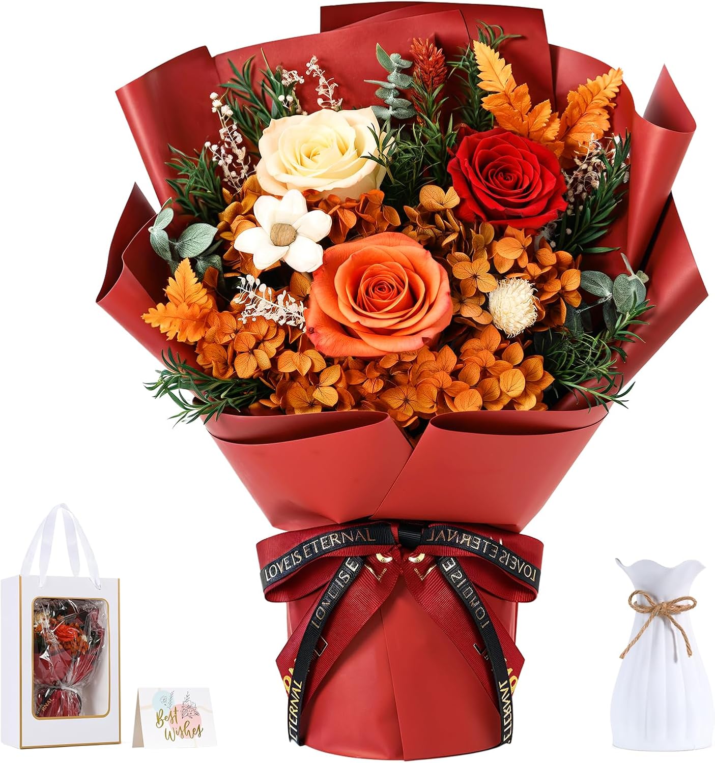 Aldernest Preserved Flowers Bouquet, Orange Rose Forever Flowers for Delivery, 13.4 × 8.86 × 4.92 in, Dark Orange