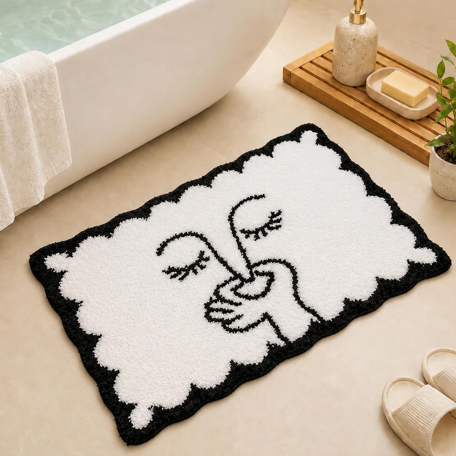 Aldernest Fun Bath Rug 20" X 32" Scalloped Non Slip, 1.9 pounds, 1'7" x 2'7", Black, White
