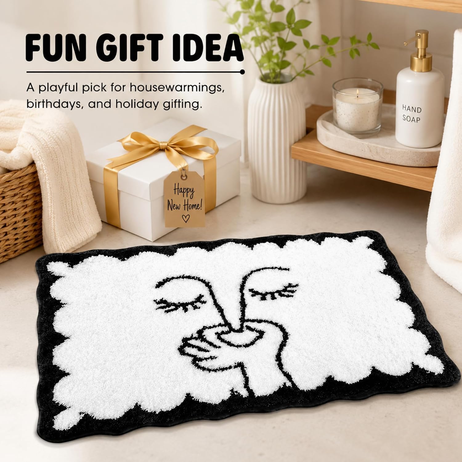 Aldernest Fun Bath Rug 20" X 32" Scalloped Non Slip, 1.9 pounds, 1'7" x 2'7", Black, White