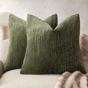 VelloHome Textured Chenille Throw Pillow Covers 20x20 Dark Olive Green, Chive