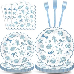 Ashenby 96pcs Scalloped Coastal Party Supplies Tropical Blue Bow Starfish Seashell Plates and Napkins Tableware Set Ocean Theme Party Decorations for