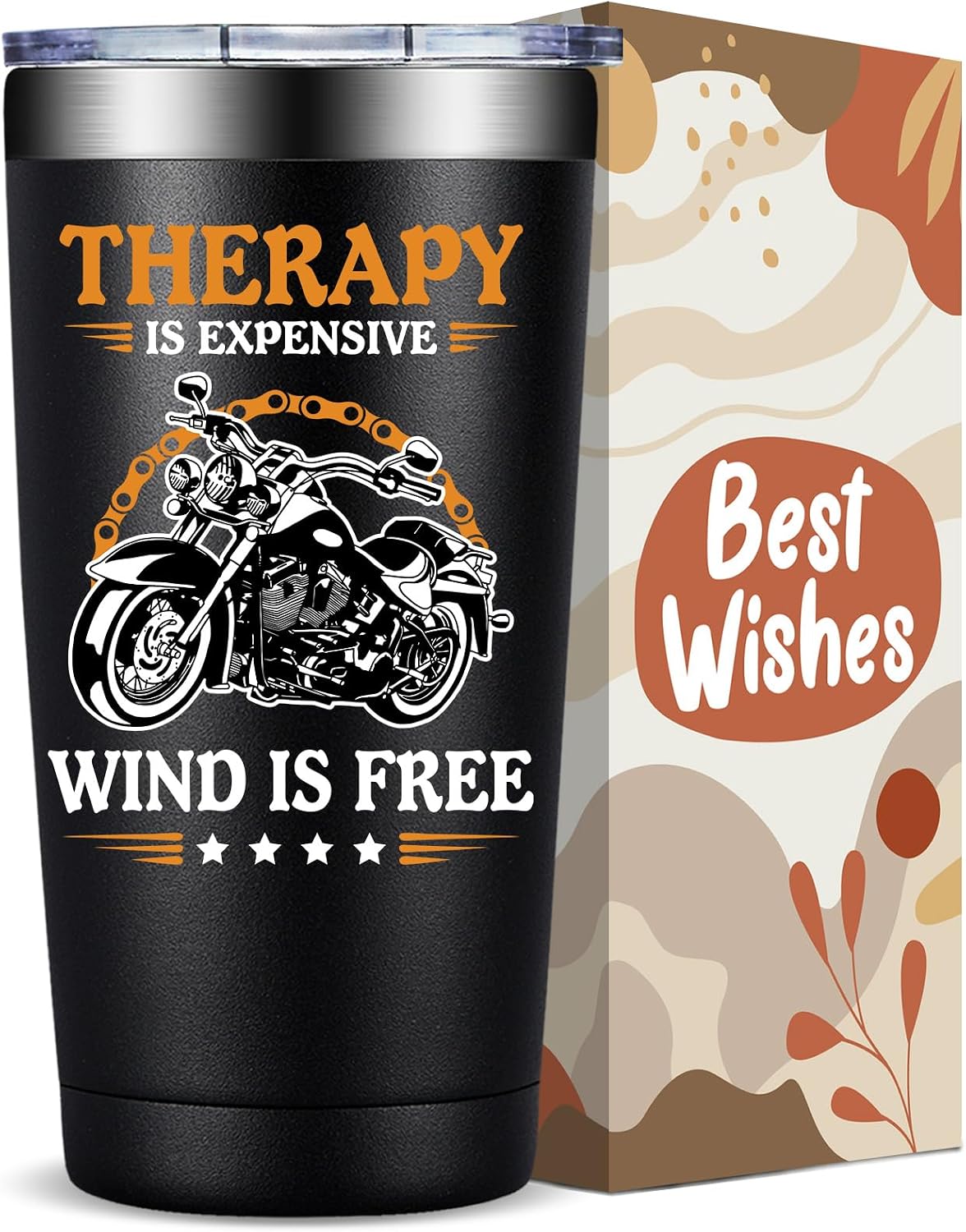 Barleyfield Therapy Is Expensive Wind Is Free Motorcycle Gifts Tumbler Cup 20oz, Motorcycle Black