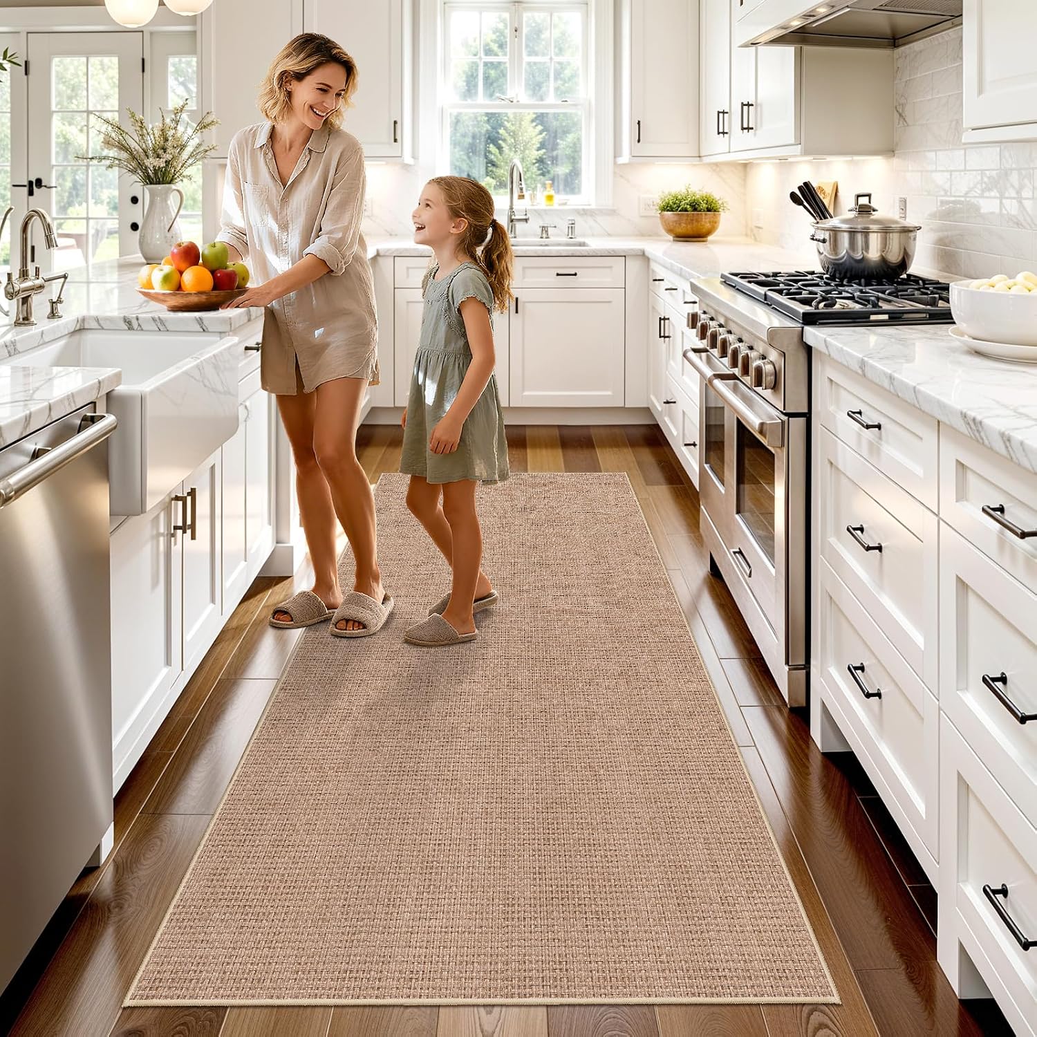 Aldernest 3x6 Runner Rug Washable Non-Slip: Solid Color Faux Jute Boho Kitchen Rug, 3.5 pounds, Beige