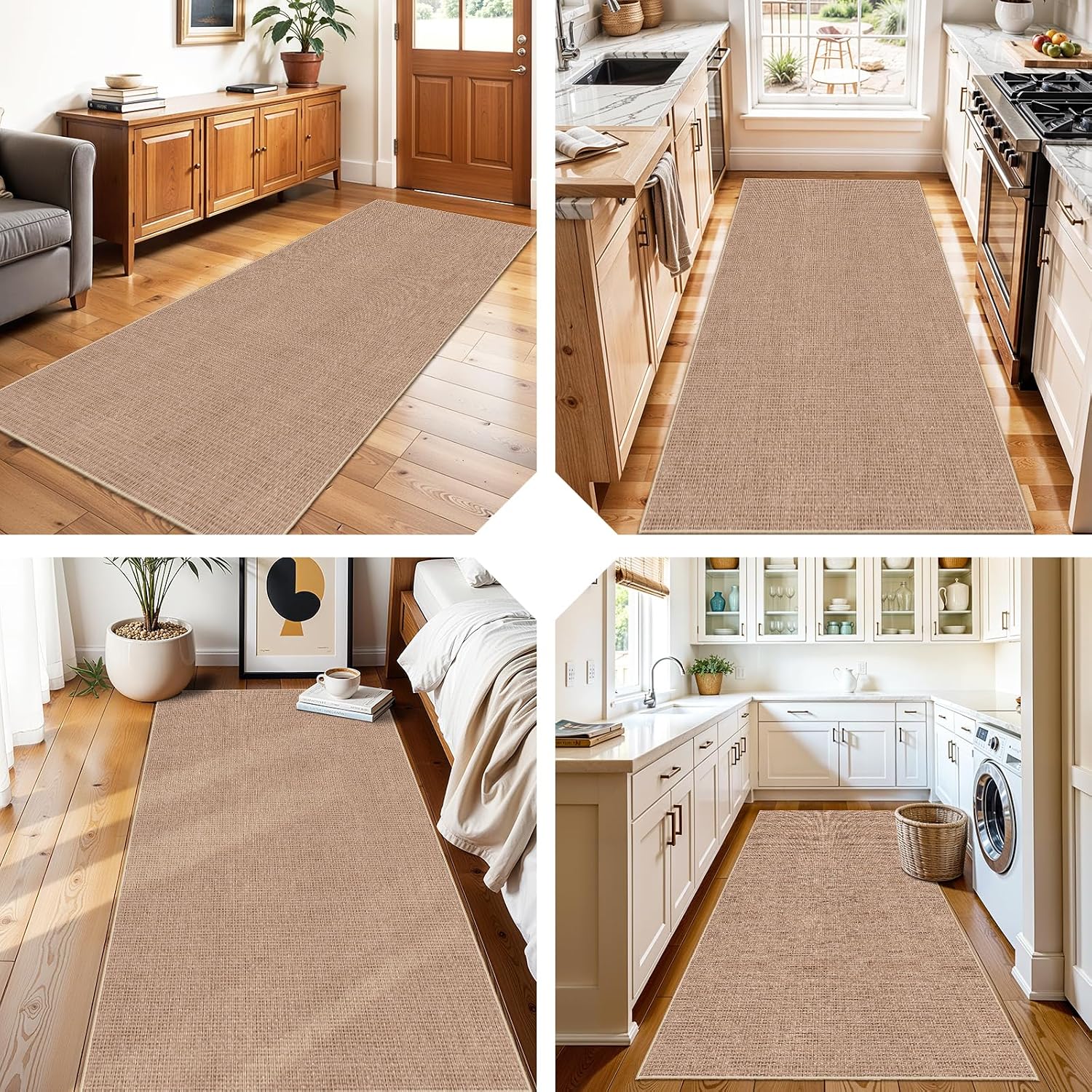 Aldernest 3x6 Runner Rug Washable Non-Slip: Solid Color Faux Jute Boho Kitchen Rug, 3.5 pounds, Beige