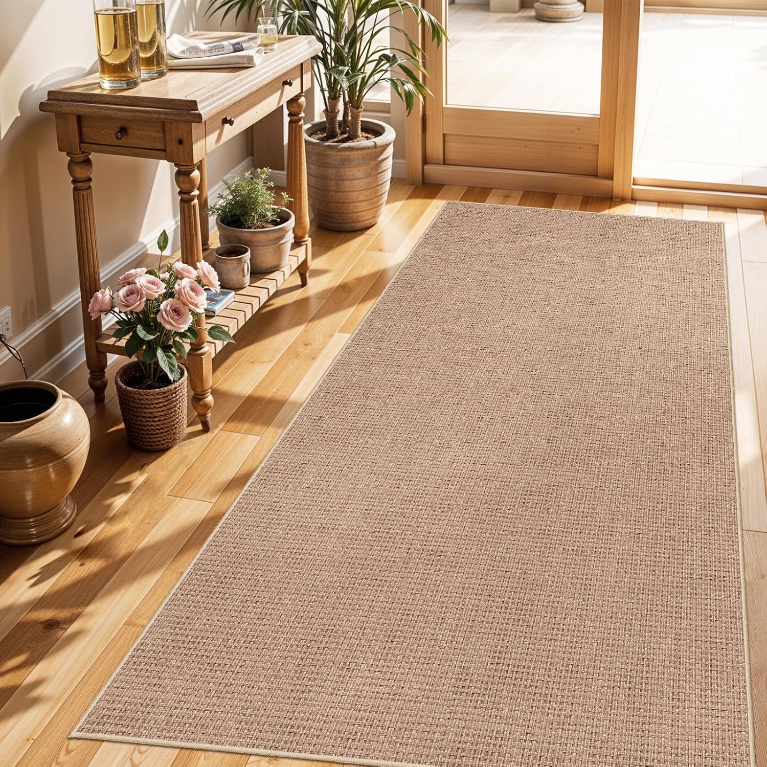 Aldernest 3x6 Runner Rug Washable Non-Slip: Solid Color Faux Jute Boho Kitchen Rug, 3.5 pounds, Beige