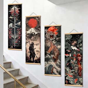 Ashenby 4PC Japanese Samurai Scrolls Canvas Wall Art Poster 11.81x35.43in, 2.88 ounces, 11.81x35.43in(30x90cm)