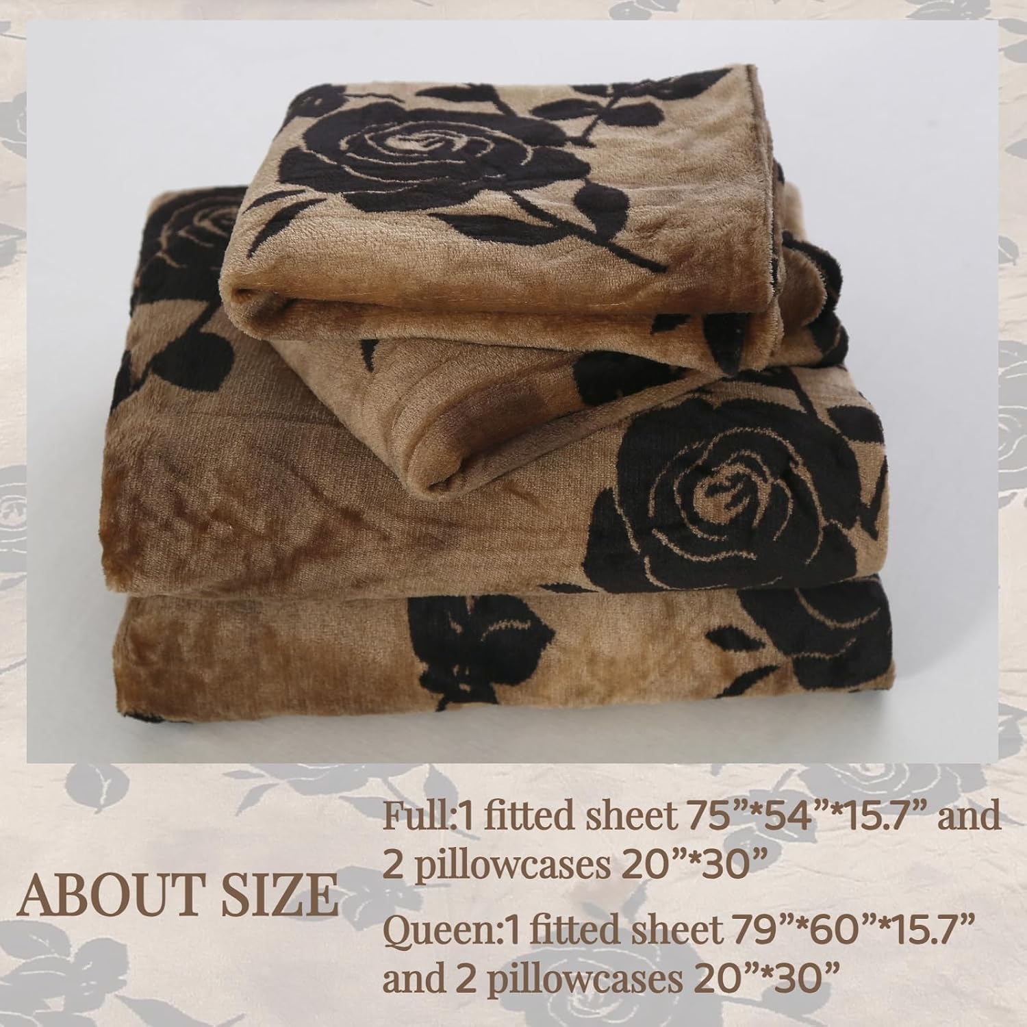 Aldernest 3Pcs Velvet Fleece Fitted Sheet Full Size with Brown Floral Pattern, 1.45 kg