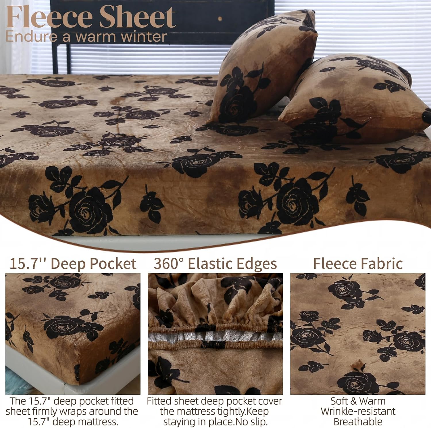 Aldernest 3Pcs Velvet Fleece Fitted Sheet Full Size with Brown Floral Pattern, 1.45 kg