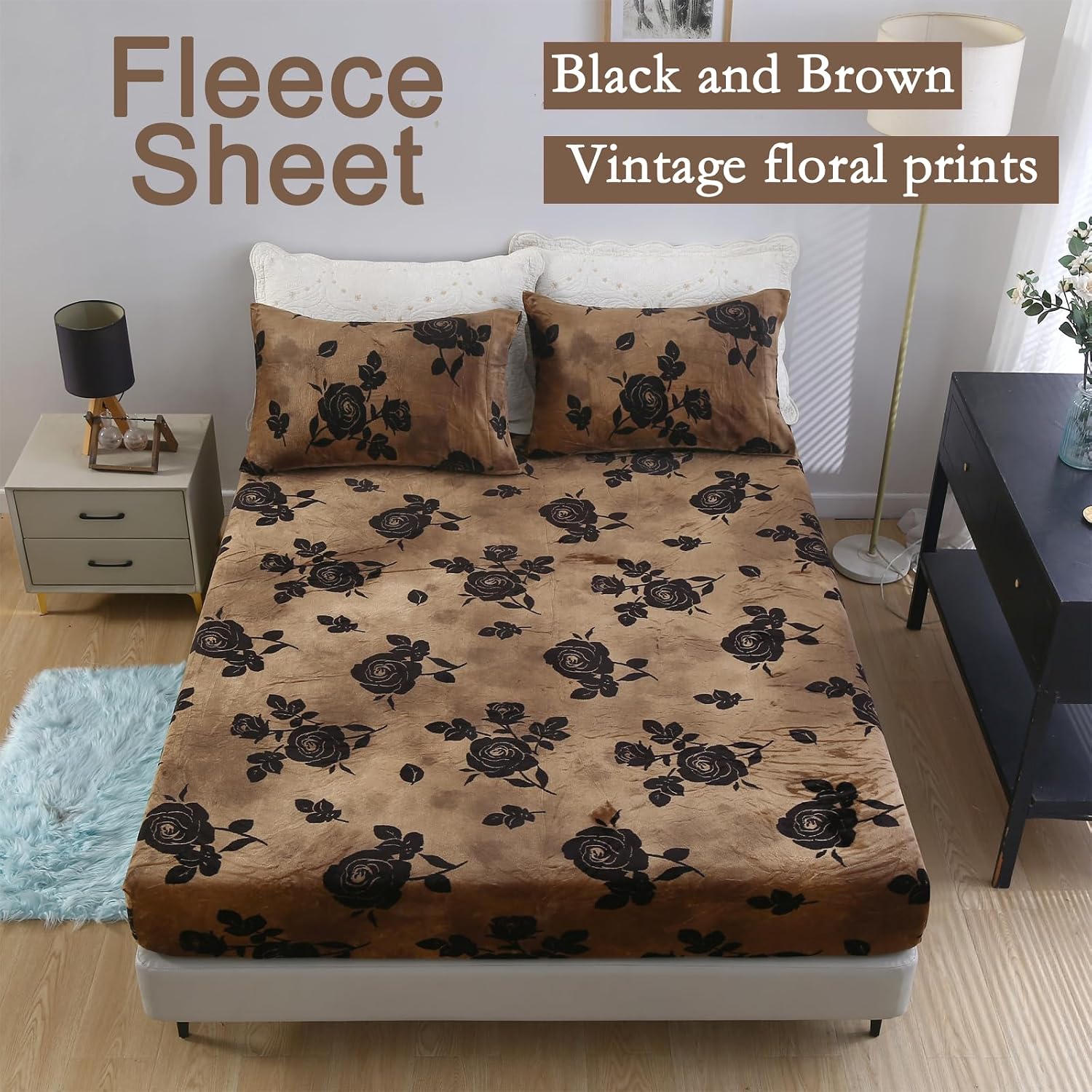 Aldernest 3Pcs Velvet Fleece Fitted Sheet Full Size with Brown Floral Pattern, 1.45 kg