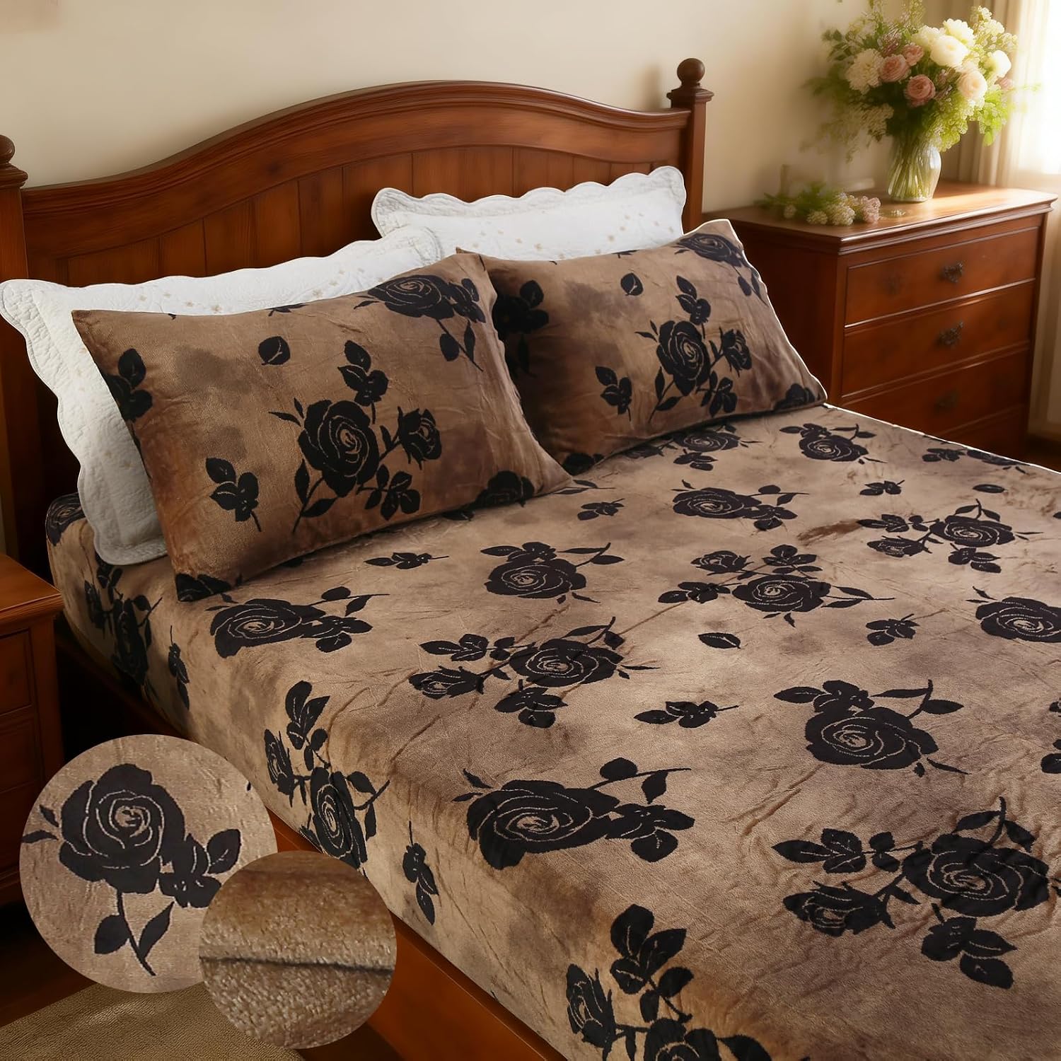 Aldernest 3Pcs Velvet Fleece Fitted Sheet Full Size with Brown Floral Pattern, 1.45 kg