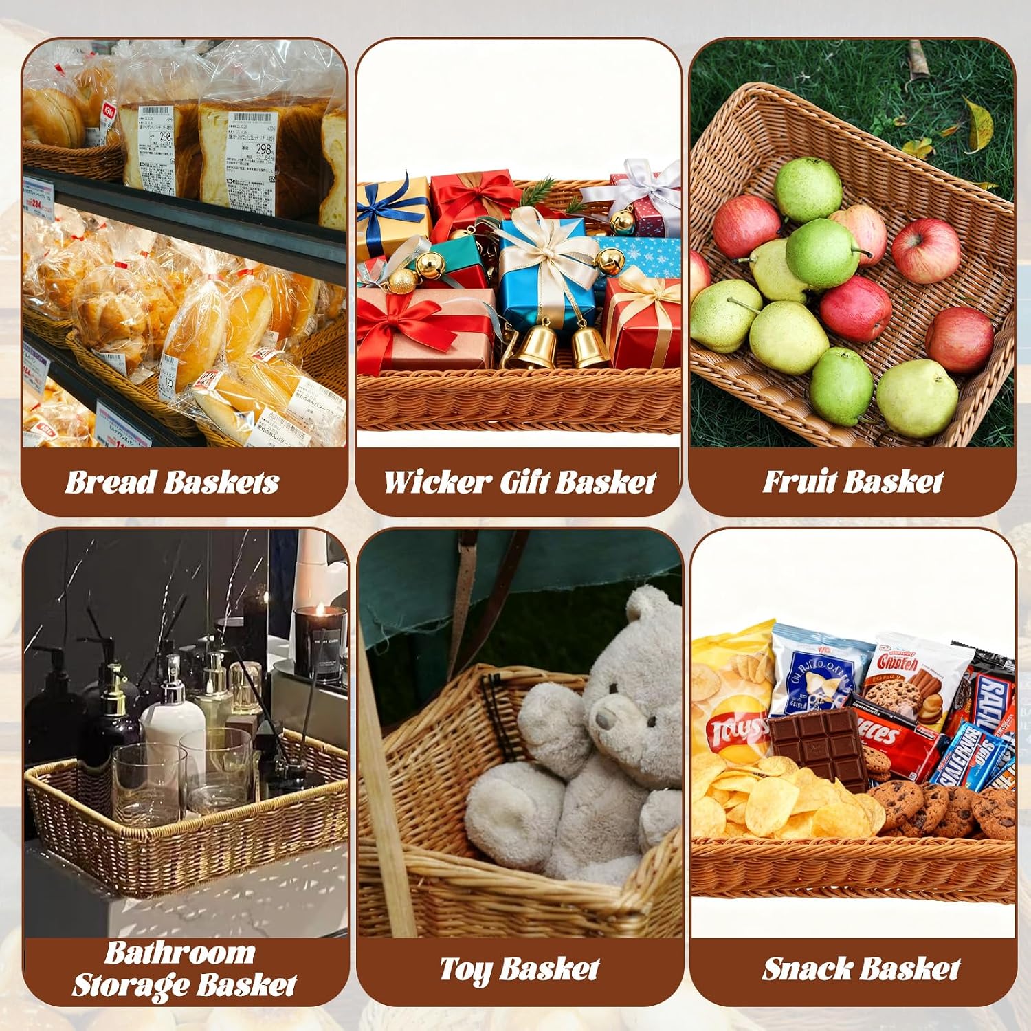 Aldernest 3 Pack Wicker Bread Baskets for Serving 15.8" Large Rattan Tray for Food, Brown