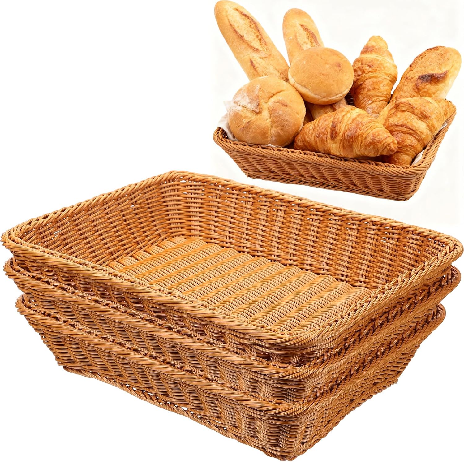 Aldernest 3 Pack Wicker Bread Baskets for Serving 15.8" Large Rattan Tray for Food, Brown